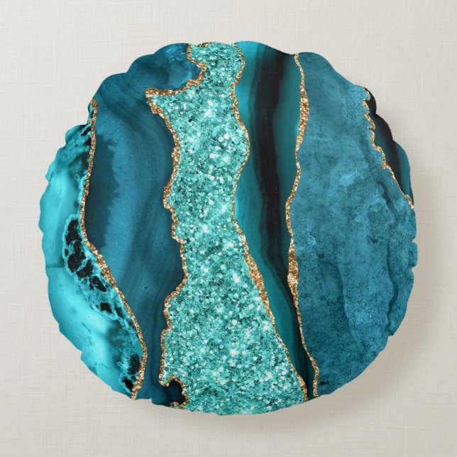 Agate Aquamarin Blue Gold Aqua Türkisches Rundkiss Rundes Kissen (Vorderseite)