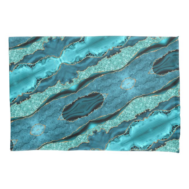 Agate Aquamarin Blue Gold Aqua Turquoise Pillow Ca Kissenbezug (Vorderseite)