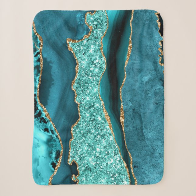 Agate Aquamarin Blue Gold Glitzer Aqua Türkis Sherpadecke (Vorderseite)