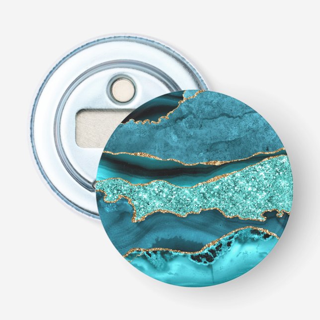Agate Aquamarin Blue Gold Glitzer Marbella Aqua Flaschenöffner (Vorderseite)