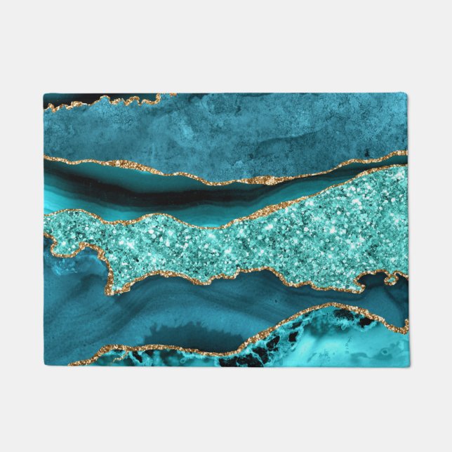 Agate Aquamarin Blue Gold Glitzer Marbella Aqua Fußmatte (Vorderseite)