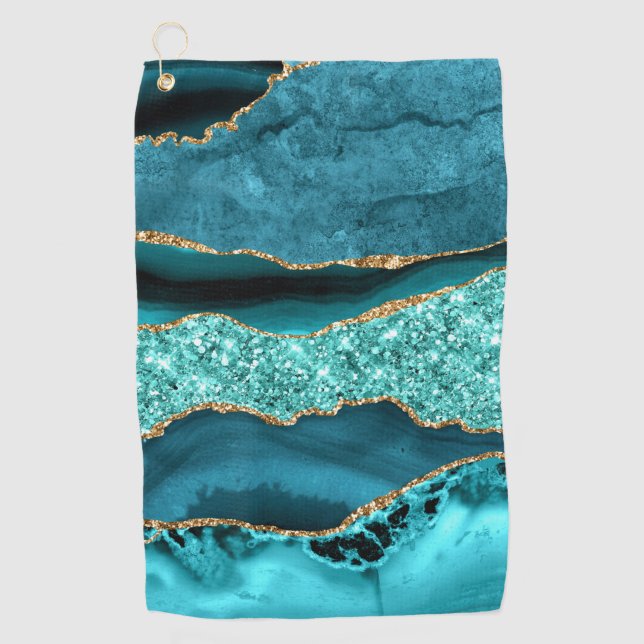 Agate Aquamarin Blue Gold Glitzer Marbella Aqua Golfhandtuch (Vorderseite)