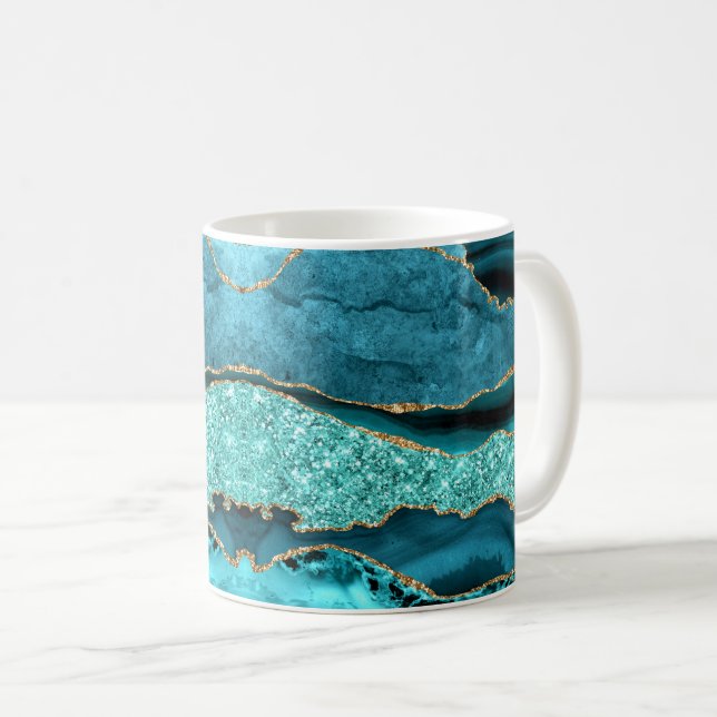 Agate Aquamarin Blue Gold Glitzer Marbella Aqua Kaffeetasse (VorderseiteRechts)
