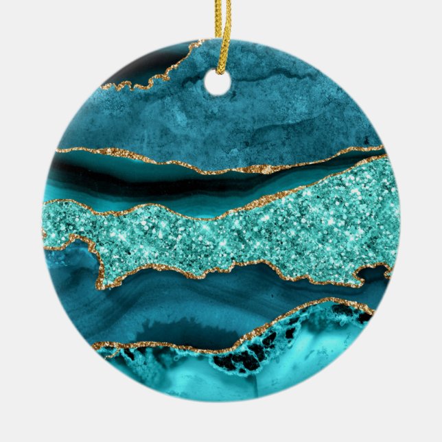 Agate Aquamarin Blue Gold Glitzer Marbella Aqua Keramik Ornament (Vorne)