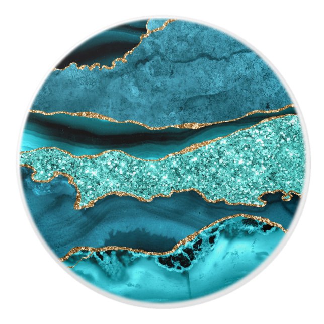 Agate Aquamarin Blue Gold Glitzer Marbella Aqua Keramikknauf (Vorderseite)