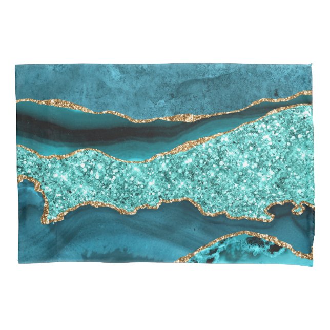 Agate Aquamarin Blue Gold Glitzer Marbella Aqua Kissenbezug (Vorderseite)