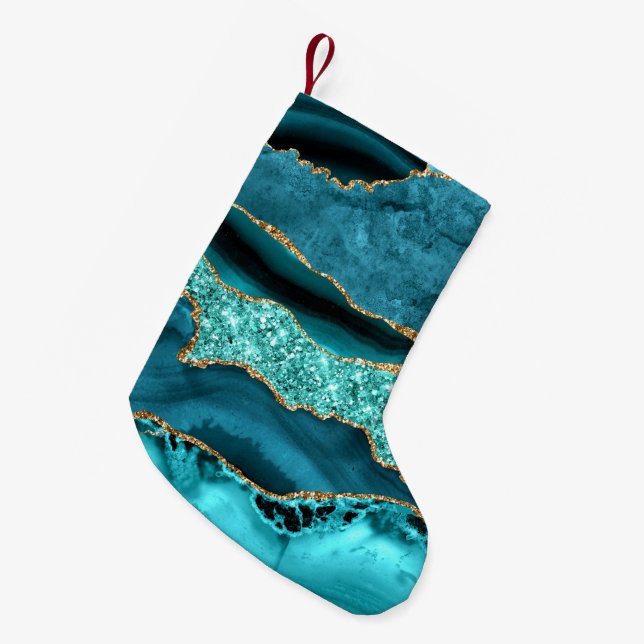 Agate Aquamarin Blue Gold Glitzer Marbella Aqua Kleiner Weihnachtsstrumpf (Vorderansicht (hängend))