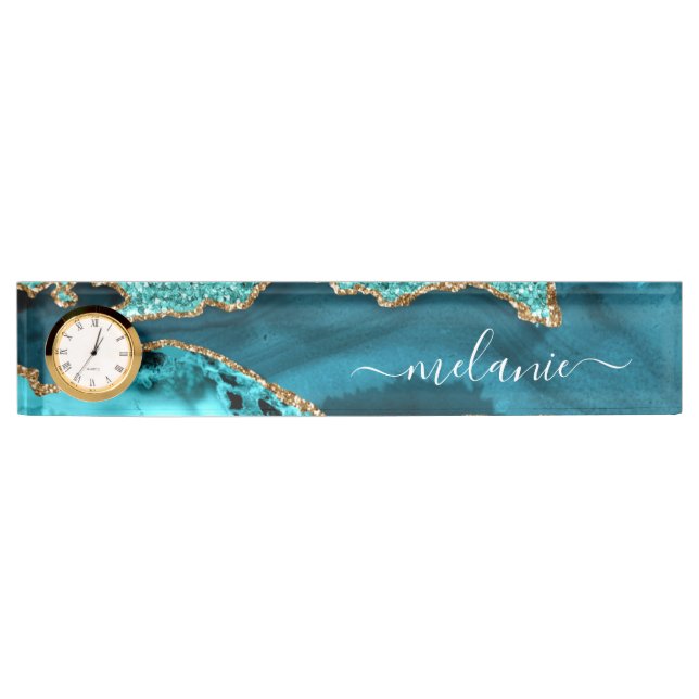 Agate Aquamarin Blue Gold Glitzer Marbella Aqua Namensplakette (Vorderseite)