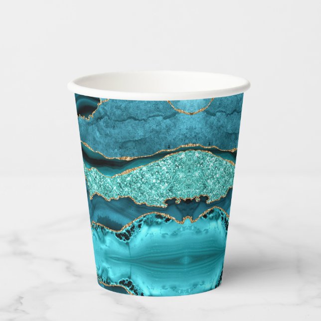 Agate Aquamarin Blue Gold Glitzer Marbella Aqua Pappbecher (Vorderseite)