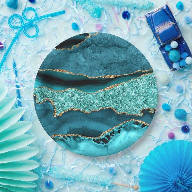 Agate Aquamarin Blue Gold Glitzer Marbella Aqua Pappteller (Party)