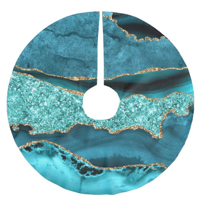 Agate Aquamarin Blue Gold Glitzer Marbella Aqua Polyester Weihnachtsbaumdecke (Vorderseite)