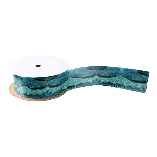 Agate Aquamarin Blue Gold Glitzer Marbella Aqua Satinband (Spule)