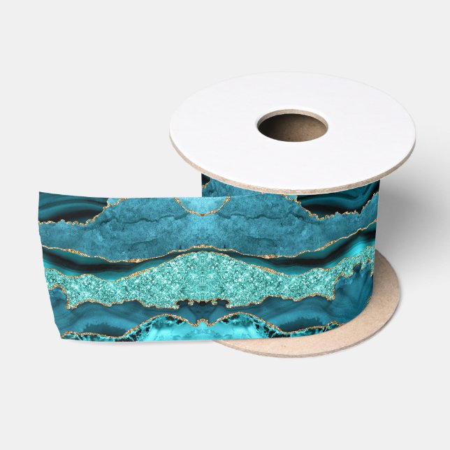 Agate Aquamarin Blue Gold Glitzer Marbella Aqua Satinband (Spule)