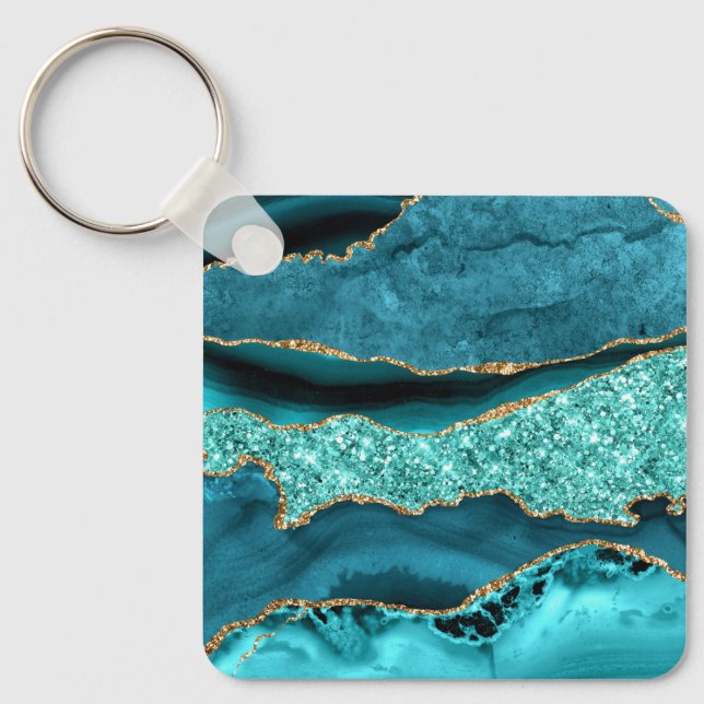 Agate Aquamarin Blue Gold Glitzer Marbella Aqua Schlüsselanhänger (Vorderseite)