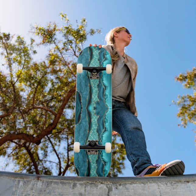 Agate Aquamarin Blue Gold Glitzer Marbella Aqua Skateboard (Außen 1)