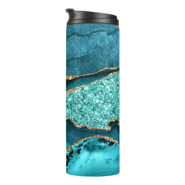 Agate Aquamarin Blue Gold Glitzer Marbella Aqua Thermosbecher (Nach rechts gedreht)