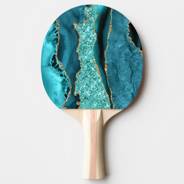 Agate Aquamarin Blue Gold Glitzer Marbella Aqua Tischtennis Schläger (Vorderseite)