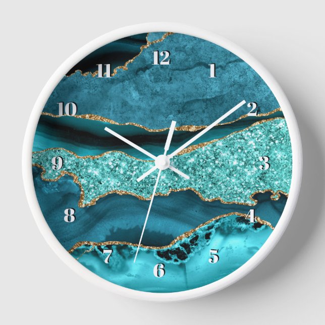 Agate Aquamarin Blue Gold Glitzer Marbella Aqua Uhr (Vorderseite)