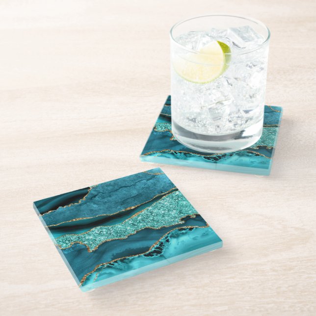 Agate Aquamarin Blue Gold Marble Aqua Glass Unters Glasuntersetzer (Schrägansicht)