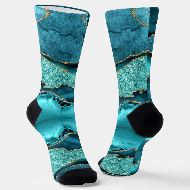 Agate Aquamarin Blue Gold Marmor Aqua Türkis Socke (Gewinkelt)