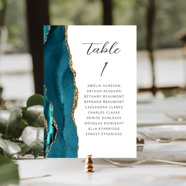 Agate Aquamarin Blue Gold Moderne Script Wedding Tischnummer (Von Creator hochgeladen)
