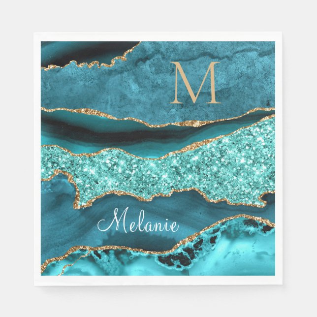 Agate Aquamarin Blue Gold Name Letter Aqua Napkins Serviette (Vorderseite)