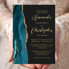 Agate Aquamarin Blue Gold Script Dark Wedding Folieneinladung
