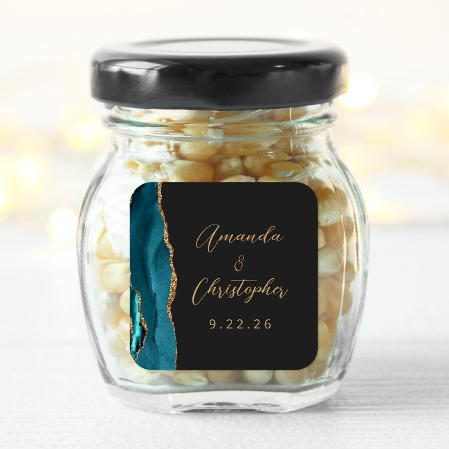 Agate Aquamarin Blue Gold Script Dark Wedding Quadratischer Aufkleber (Von Creator hochgeladen)