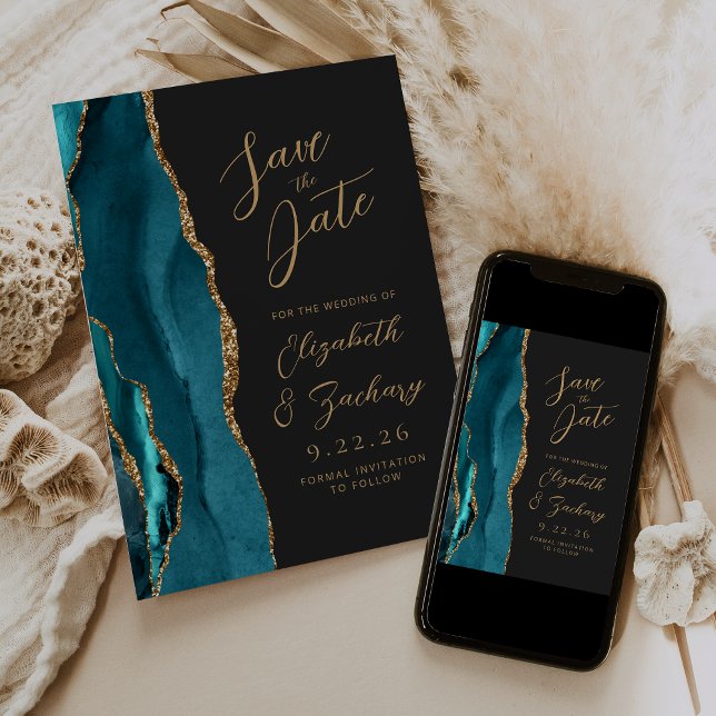 Agate Aquamarin Blue Gold Script Dark Wedding Save The Date (Von Creator hochgeladen)