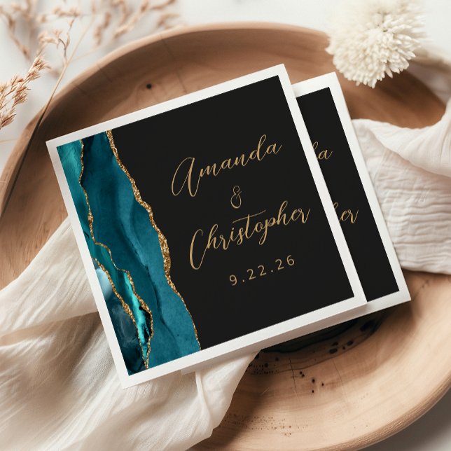 Agate Aquamarin Blue Gold Script Dark Wedding Serviette (Von Creator hochgeladen)