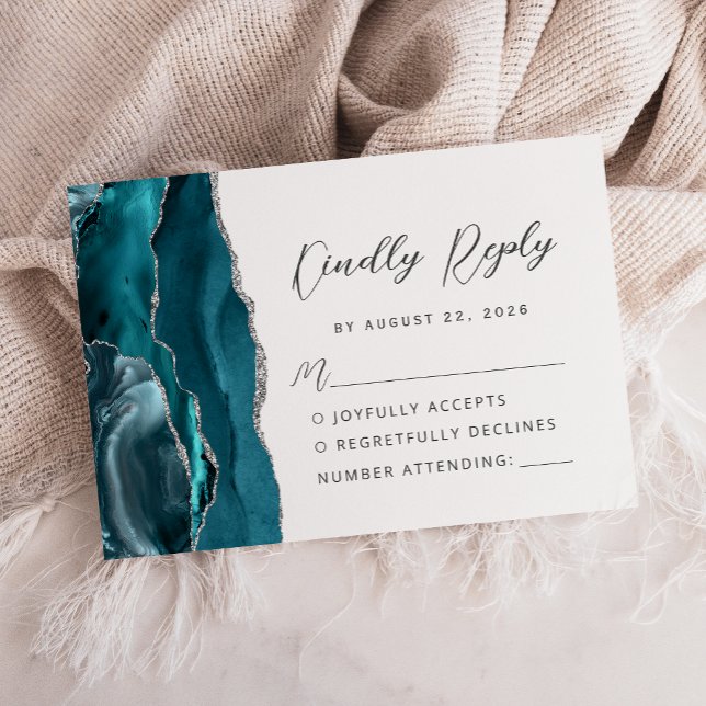 Agate Aquamarin Blue Silver Modern Script Wedding RSVP Karte (Von Creator hochgeladen)