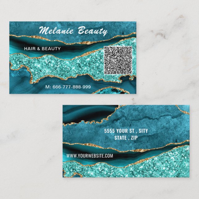 Agate Aquamarin Blue Türkise QR Code Business Card Visitenkarte (Vorne/Hinten)