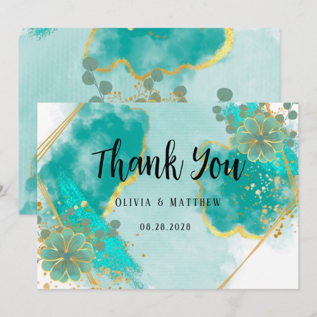 Agate Aquamarin & Gold Floral Wedding Vielen Dank  Einladung (Vorne/Hinten)