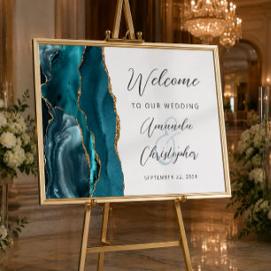 Agate Aquamarin Gold Script Wedding Willkommen Poster