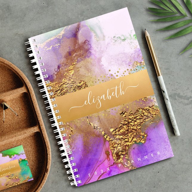 Agate aquarelle or rose violet vert script (Créateur téléchargé)