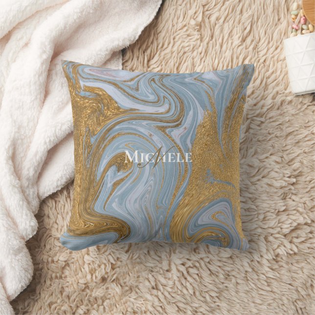 Agate Baby Blue Gold Marble Individuelle Name Lett Kissen (Decke)