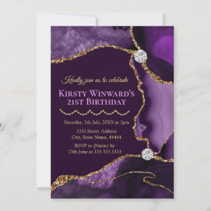 Agate Birthday Party lila und Gold Glitzer Einladung
