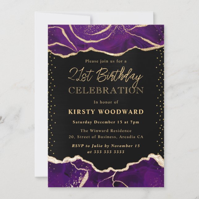 Agate Birthday Party lila und Gold Glitzer Einladung (Vorderseite)