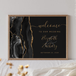 Agate Black Gold Script Dunkle Hochzeit Willkommen Poster
