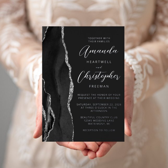 Agate Black Silver Script Dark Wedding Folieneinladung (Von Creator hochgeladen)