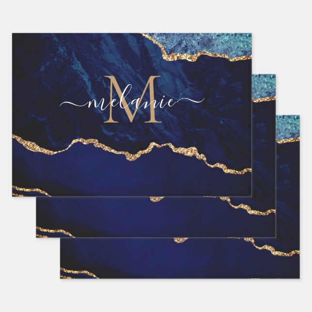 Agate Blue Gold Ihr Name Letter Wrapping Paper Geschenkpapier Set (Set)