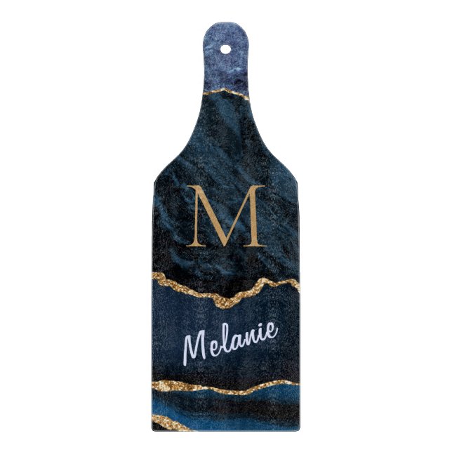 Agate Blue Gold Marmor Monogram Name Cutting Board Schneidebrett (Vorderseite)