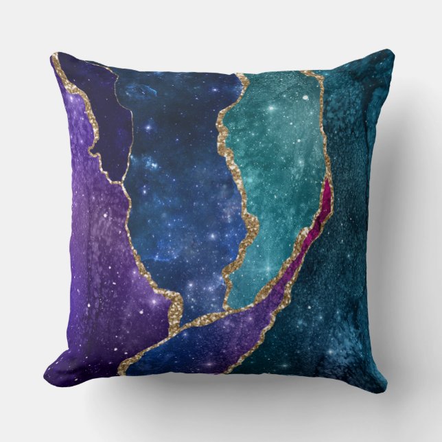 Agate Blue Lila Aqua Gold Veins Kissen (Vorderseite)