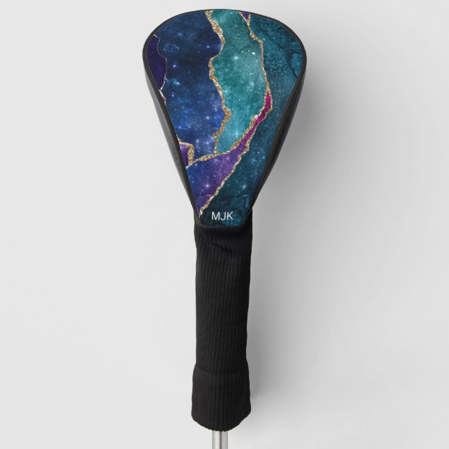 Agate Blue Lila Aqua Gold Veins Monogram Golf Headcover (Vorderseite)