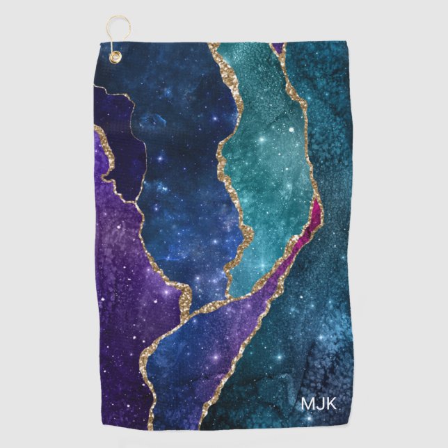 Agate Blue Lila Aqua Gold Veins Monogram Golfhandtuch (Vorderseite)