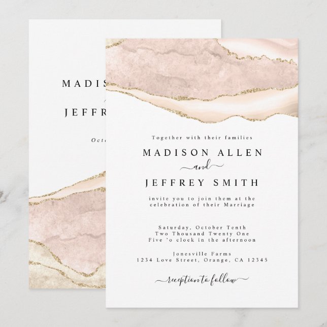 Agate Blush & Gold Glitzer Einladung zur Hochzeit (Vorne/Hinten)