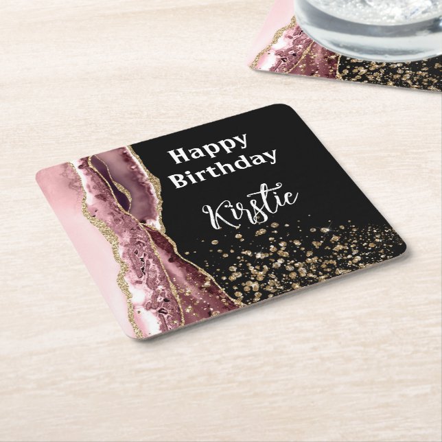 Agate Blush Pink Black Rose Gold Glitzer Geburtsta Rechteckiger Pappuntersetzer (angewinkelt)