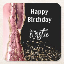 Agate Blush Pink Black Rose Gold Glitzer Geburtsta Rechteckiger Pappuntersetzer