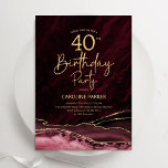 Agate Burgundy Gold 40. Geburtstag Einladung<br><div class="desc">Burgund und Gold feiern 40. Geburtstag Party Einladung. Elegantes modernes Design mit dunkelroten Marsala Wine Aquarell-Hintergrund Marmorgeode Hintergrund,  Imitate Glitzer Gold und Typografie Drehbuch Schriftart. Die trendige Einladungskarte eignet sich perfekt für eine stilvolle Damenfeier. Gedruckte Zazzle Einladungen oder Sofortdownload digitalen druckbaren Vorlage.</div>