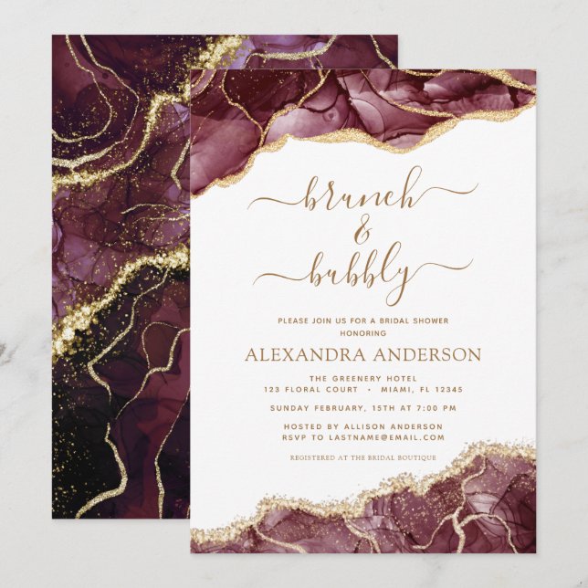 Agate Burgundy Gold Brunch & Bubbly Brautparty Einladung (Vorne/Hinten)